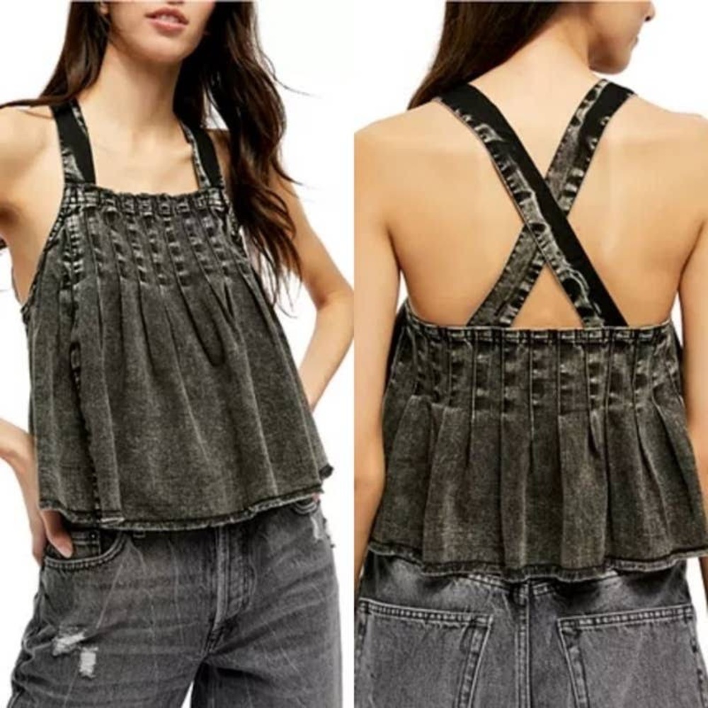 (B22) Free People Black Washed Denim Raw Hem Tank Top, Size M, NWT